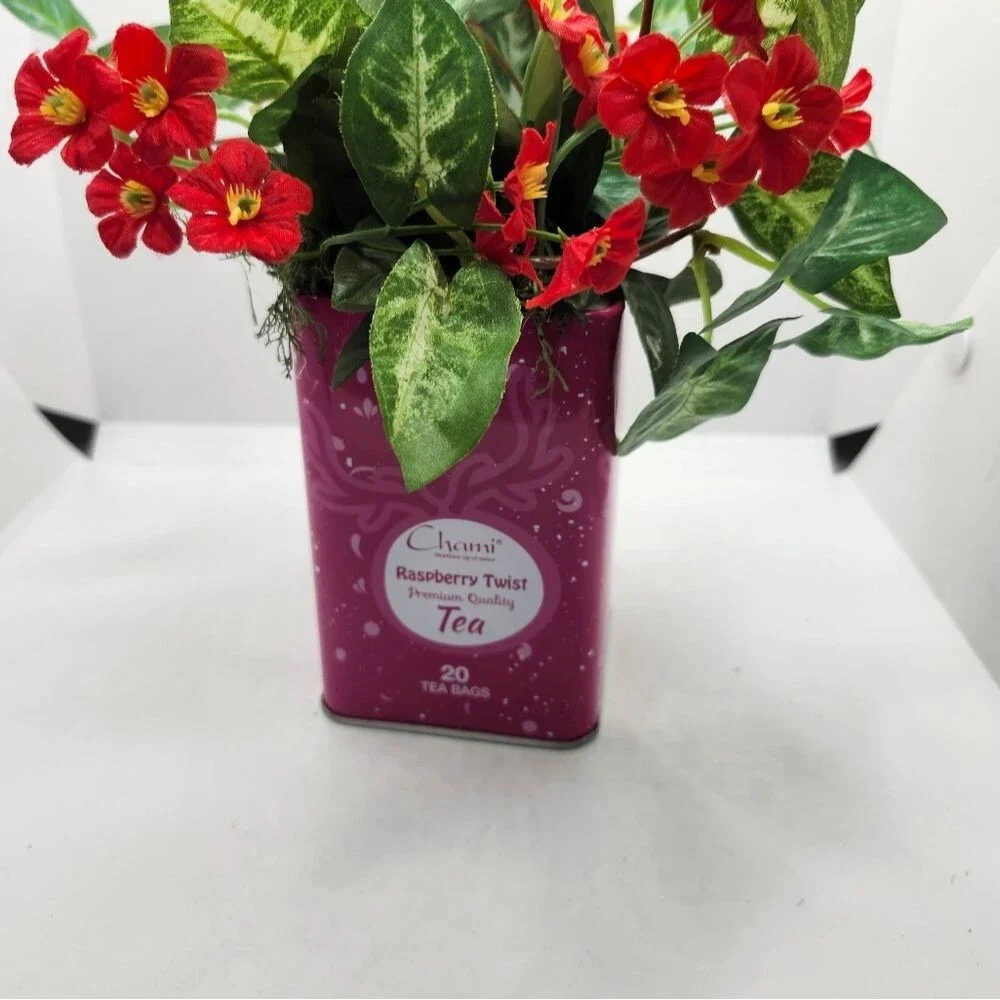 Hand Crafted Floral Table Centerpiece Spring Red Flower Tea Tin